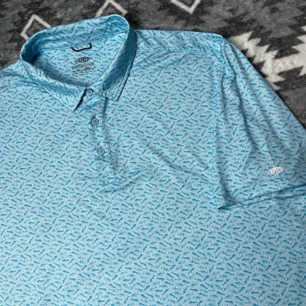 AFTCO Mens Blue Fish Print Performance Polo Shirt Short Sleeve XXL